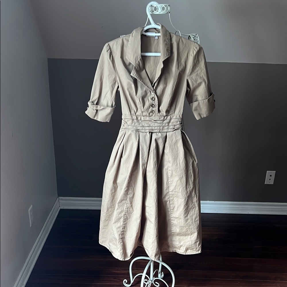 eShakti Tan A-Line Dress with Notched Collar and Cuffed Sleeves
